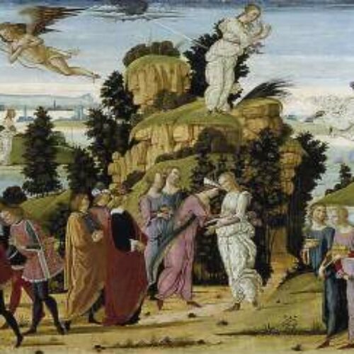A long landscape painting of a renaissance scene, with lots of figures in it. Many of them are repeated multiple times throughout the scene.