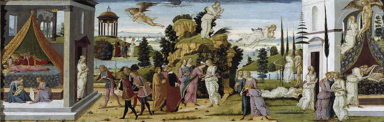 A long landscape painting of a renaissance scene, with lots of figures in it. Many of them are repeated multiple times throughout the scene. 