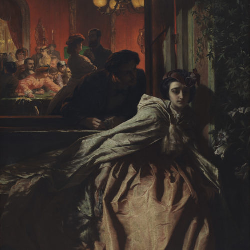 A portrait painting of a worried woman, leaning away from a man who is whispering in her ear through a window. Behind her, through the window, some people lean over a card table, gambling.