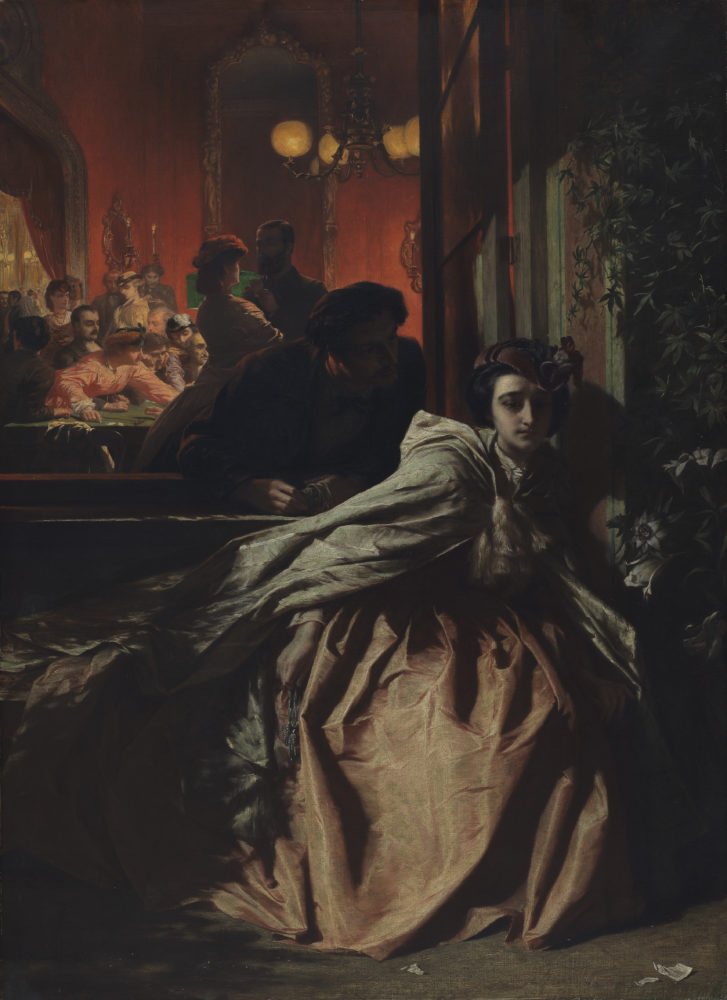 A portrait painting of a worried woman, leaning away from a man who is whispering in her ear through a window. Behind her, through the window, some people lean over a card table, gambling. 
