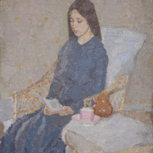 A painting of a woman in blue, sitting in a cushioned chair, reading a small book.There is a table next to her with a cup on it. The woman has long dark hair falling behind her back.