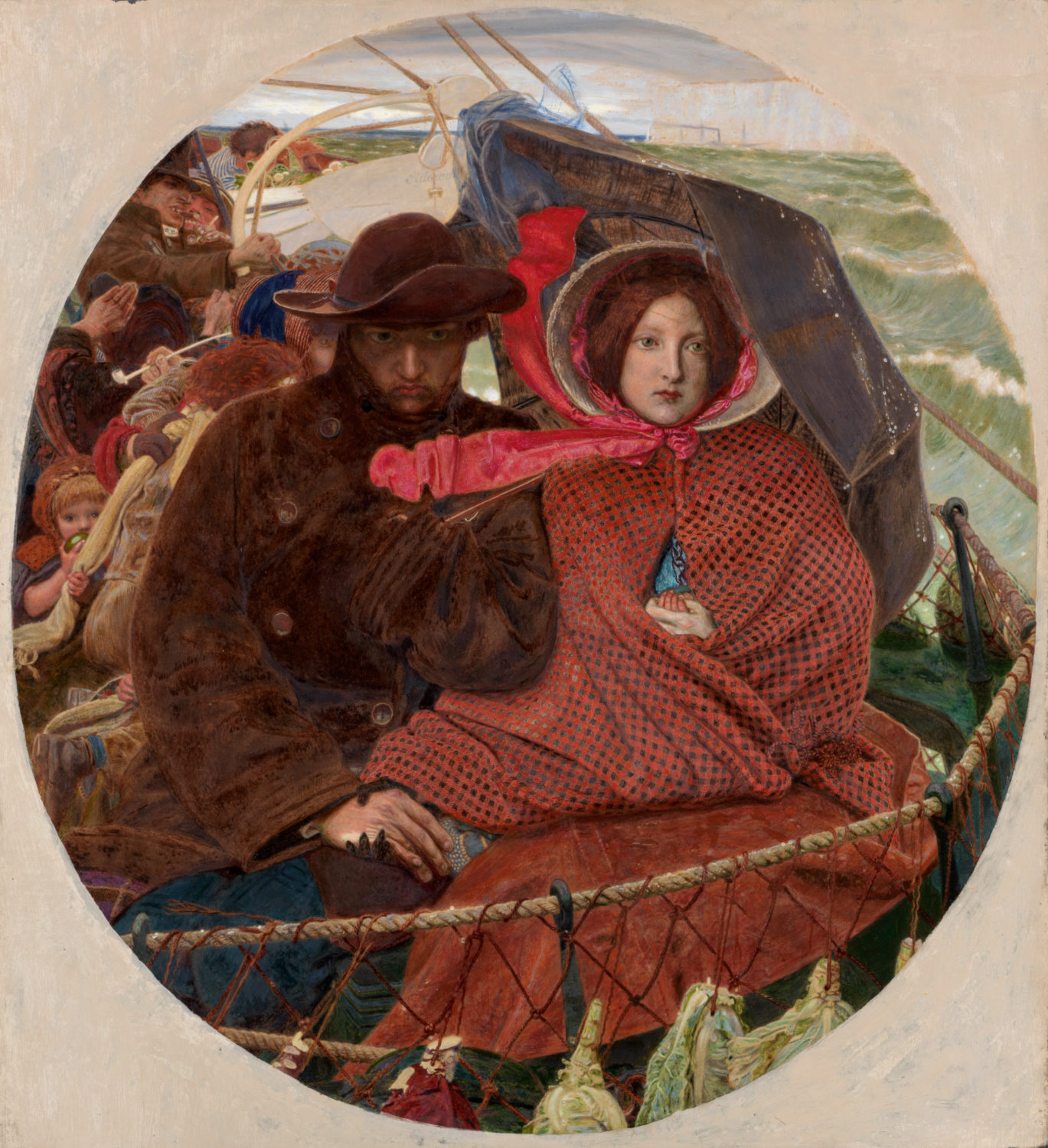 A painting showing a couple and there baby in a ship making a voyage across the sea painted by Ford Madox Brown