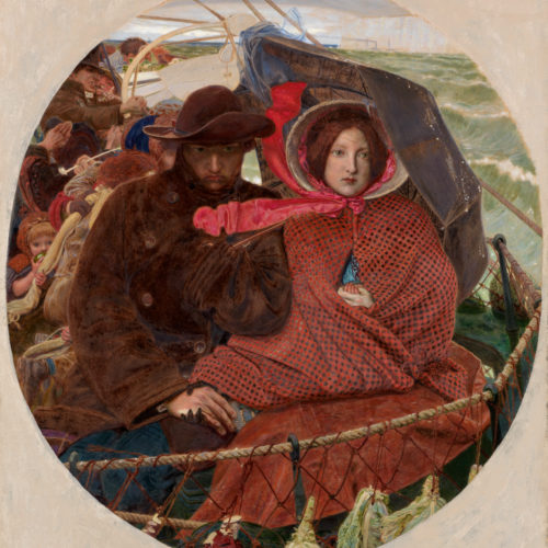 A painting showing a couple and there baby in a ship making a voyage across the sea painted by Ford Madox Brown