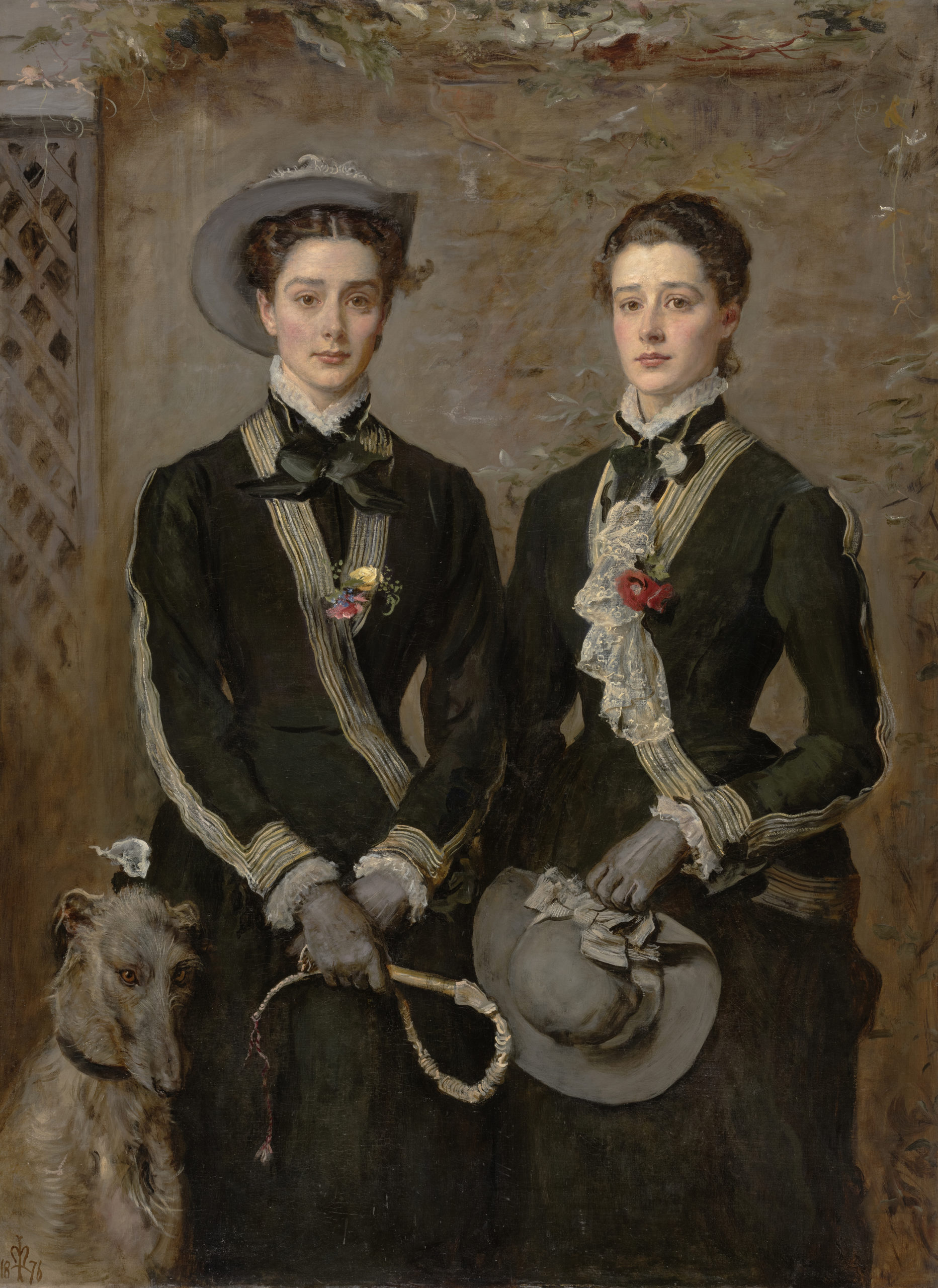 A painting of two identical young women, in similar smart coats and neckties. One holds a hat and the other holds a riding crop, and to the bottom left of the portrait sits a wiry-haired sighthound.