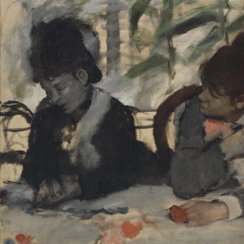 An unfinished painting of two women sitting at a table, on wooden chairs. They look solemn, and are fiddling with the table cloth. One woman looks down at her hands and another looks at her companion.