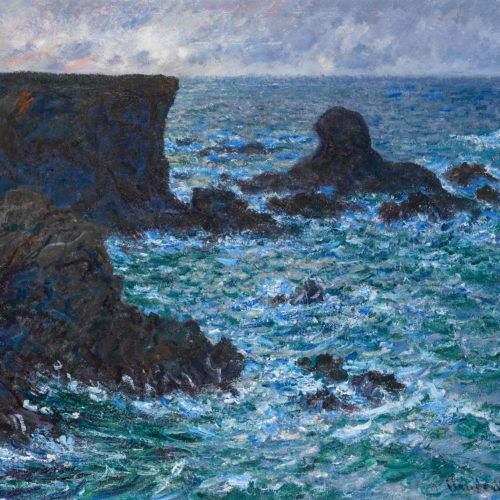 An oil painting of a choppy sea crashing up against dark brown cliffs and rocks. They take almost all of the picture up - the horizon is right a tthe top of the painting, with a small section of clouds across the sky above the sea.