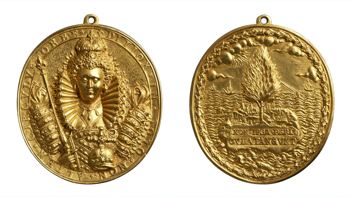 Both sides of a gold medal. One side shows Queen Elizabeth I and the other shows an island in a storm with a large tree protecting it.