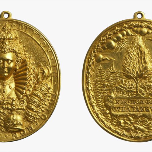 A gold medal showing Queen Elizabeth I on one side , and on the other a representation of an island supposed to be England.