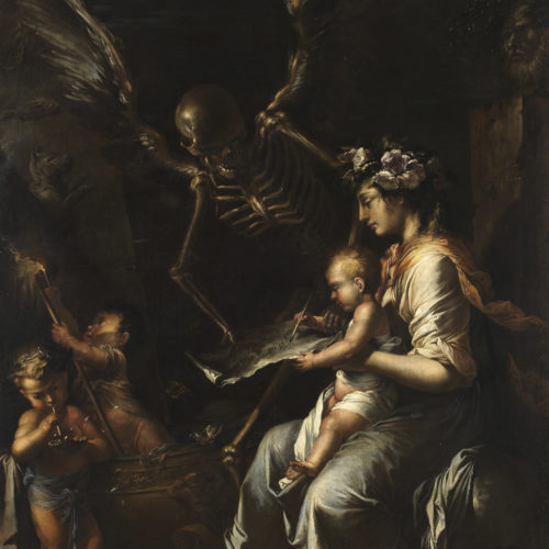 A renaissance painting of a woman with a baby sitting on her lap, signing a piece of paper that is handed to her by a large winged skeleton, which looms over her side. Two cherubs stand to the left.