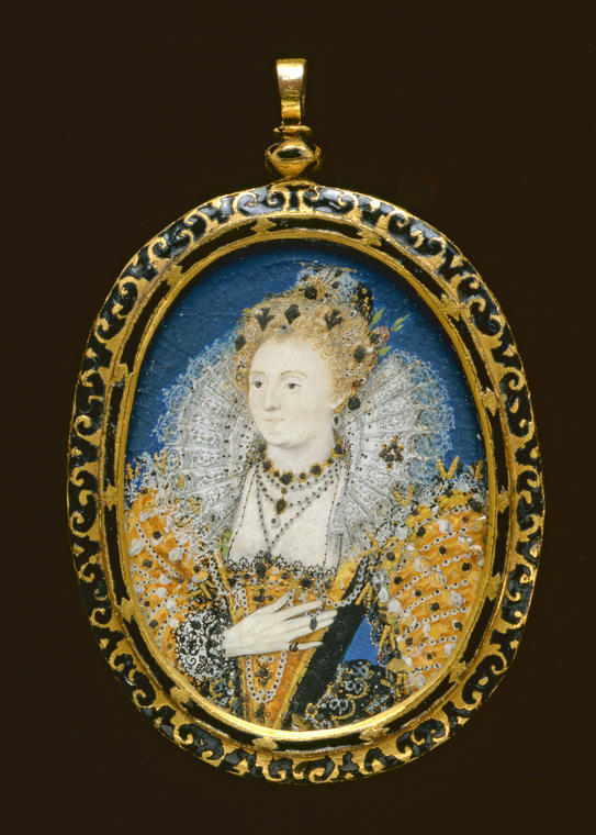 an oval miniature painting of Queen Elizabeth I wearing a gold dress, white ruff and jewels.