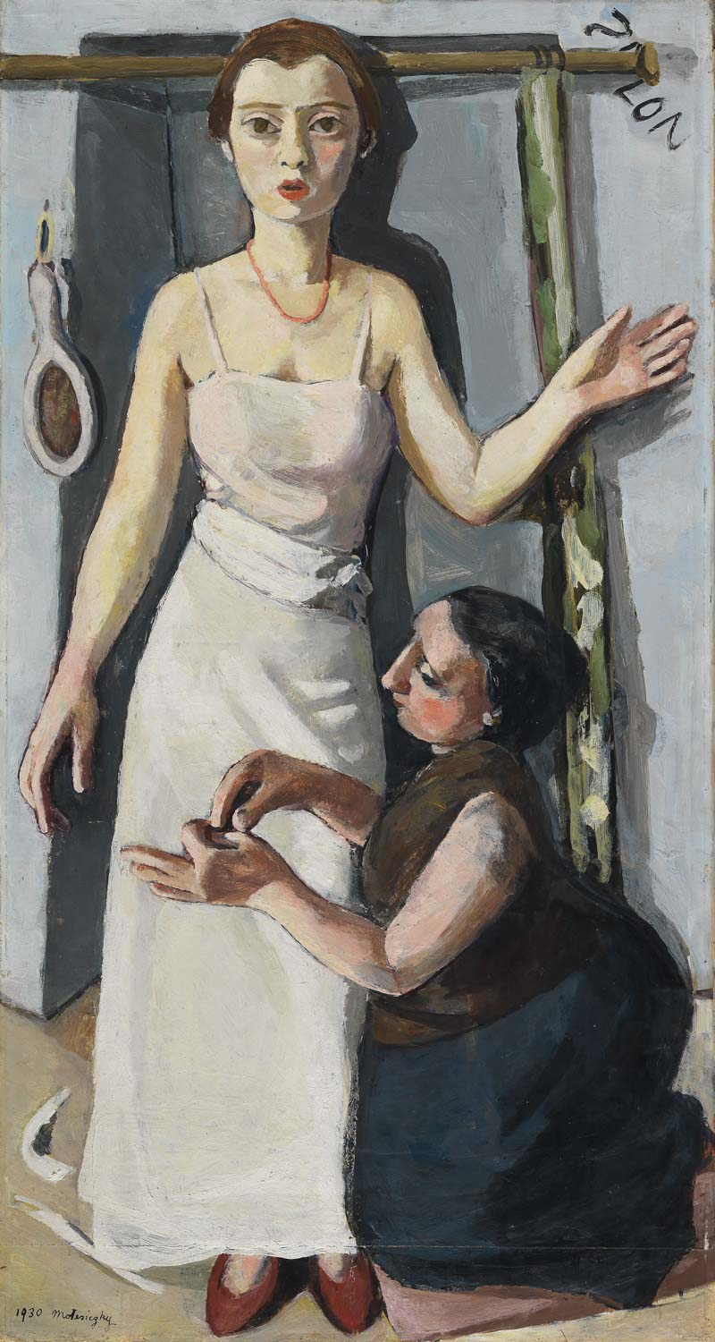 A painting of a dressmaker fitting a white dress to a lady. painted by Marie Louise von Motesïczky