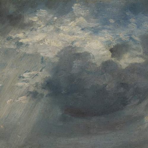 oil sketch of the sky with a shaft of sunlight coming through the clouds