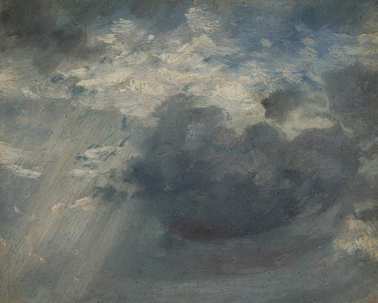 oil sketch of the sky with a shaft of sunlight coming through the clouds