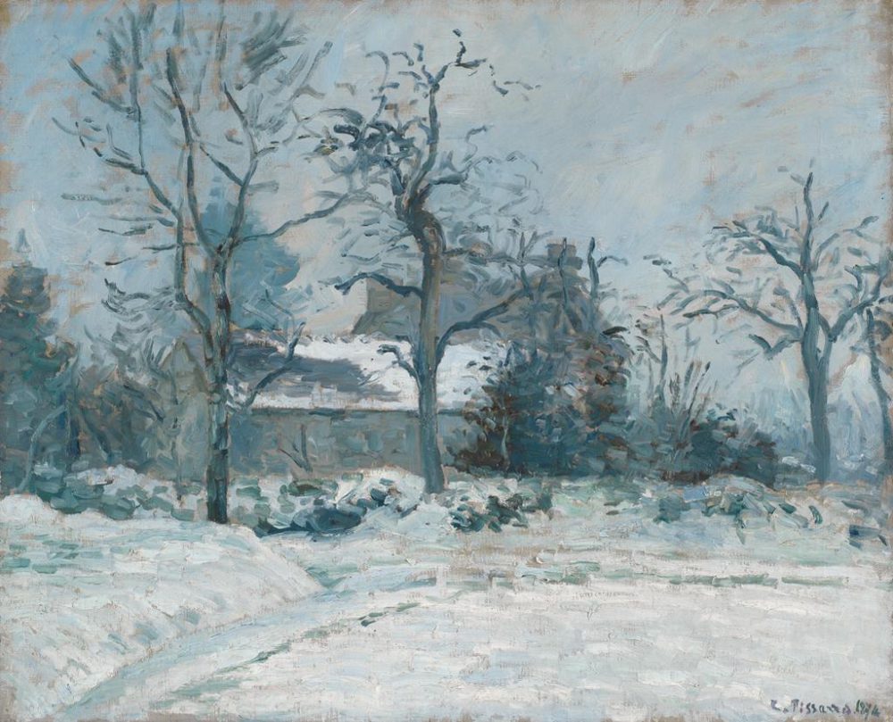 A snowy scene of a house and some trees painted by Camille Pissarro