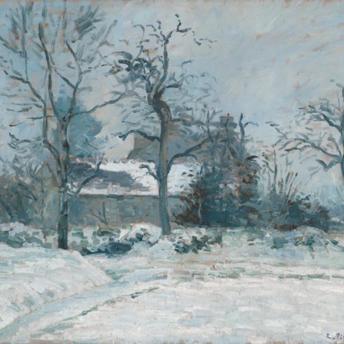 A snowy secene of a house and some trees painted by Camille Pissarro