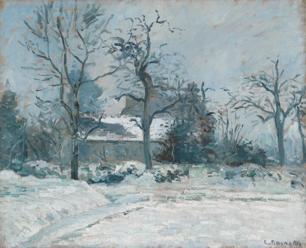 A snowy secene of a house and some trees painted by Camille Pissarro
