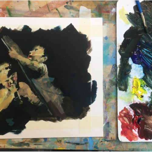 On the left is a painting of two cherubs, painted in a limited palette of dark colours, inspired by Salvator Rosa's painting 'Human Frailty'. On the right is a messy paint palette, showing the colours that the artist used.