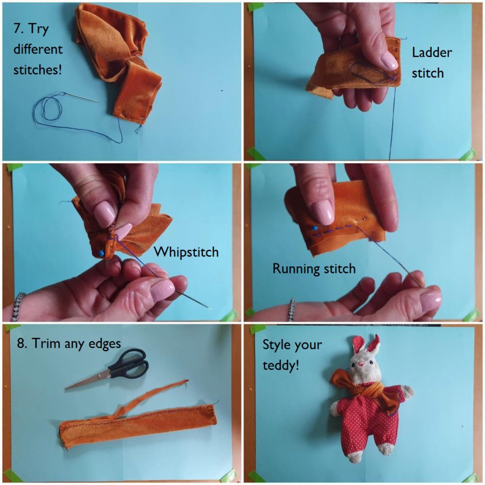 A step by step guide of 6 collaged images showing how to make your teddy a scarf.