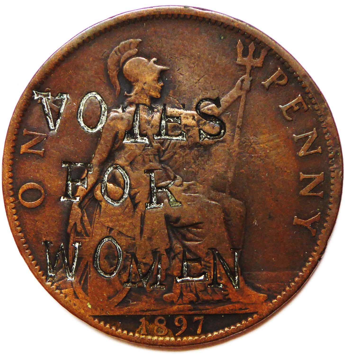 A penny stamped with ' Votes for women' across the front