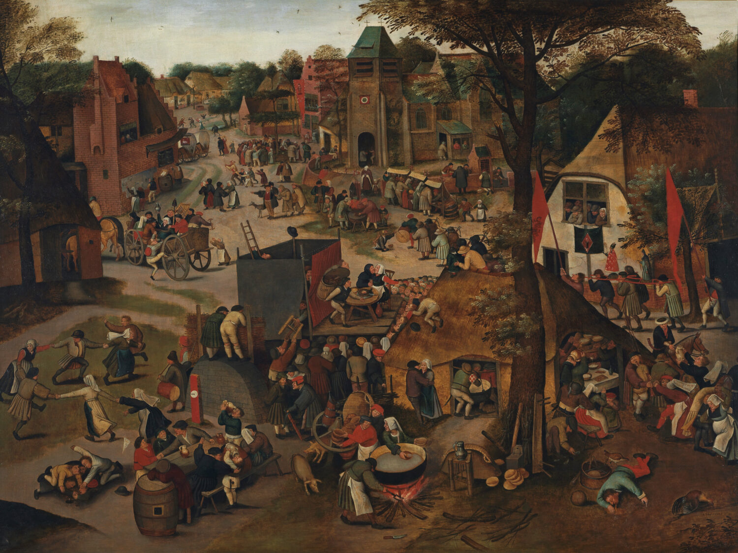 A painting of a busy village festival in the 1600s in Belgium. Hundres of villagers have gathered to dance, eat, pray, parade, watch a play, and celebrate. Some are having fun, some are drunk, some are fighting.