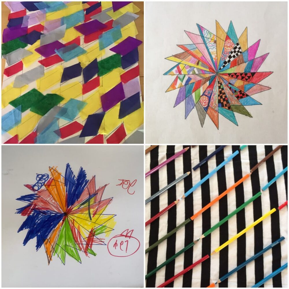 Four images of artworks inspired by Bridget Riley's Shadowplay. The recreations were makde by our Arts Pioneers group during the first lockdown in 2020. 