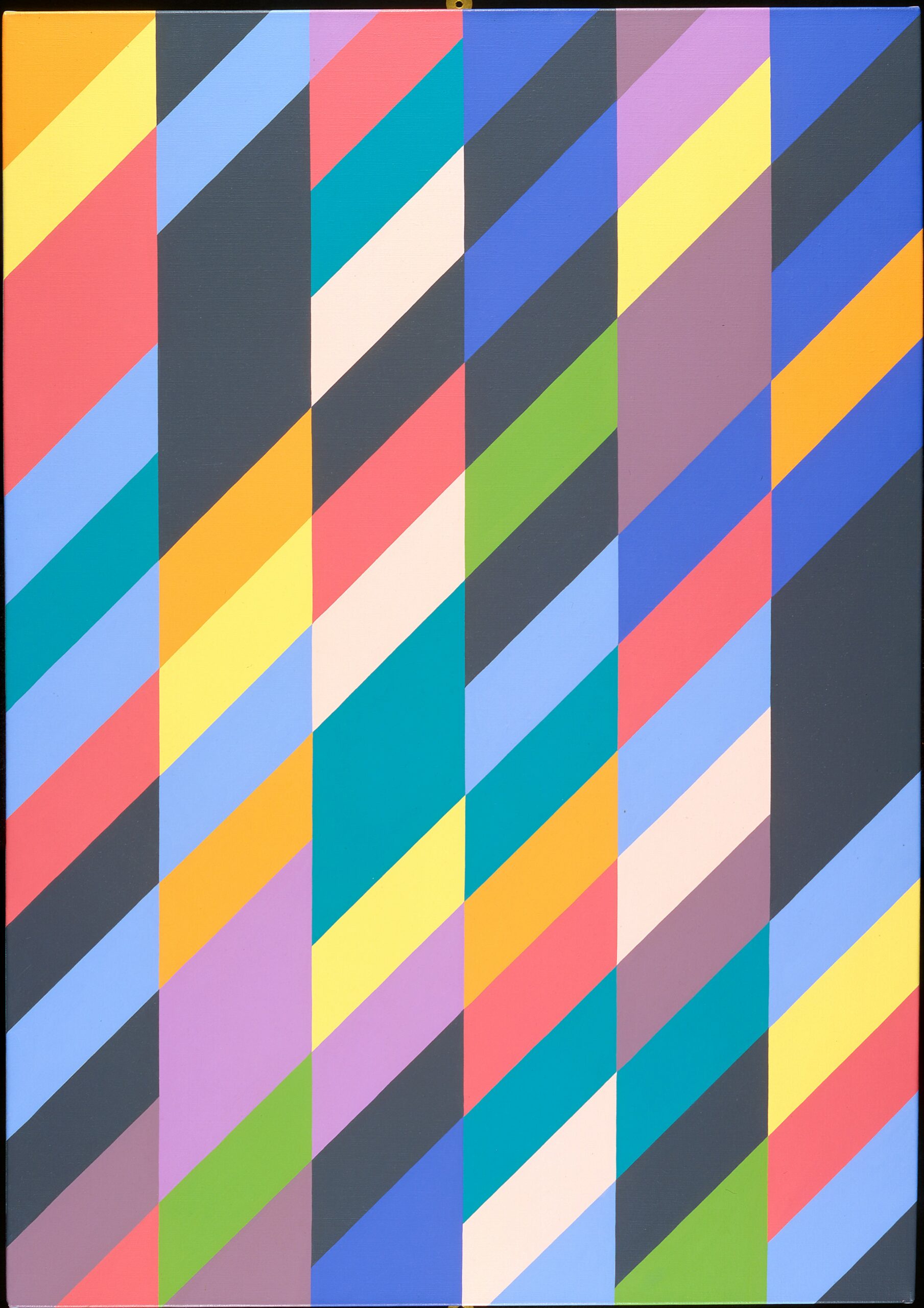 A photograph of the artwork Shadow Play, by Bridget Riley. The artwork consists of tens of diagonal stripes in different colours of blues, yellows, greens, pinks, and greys.