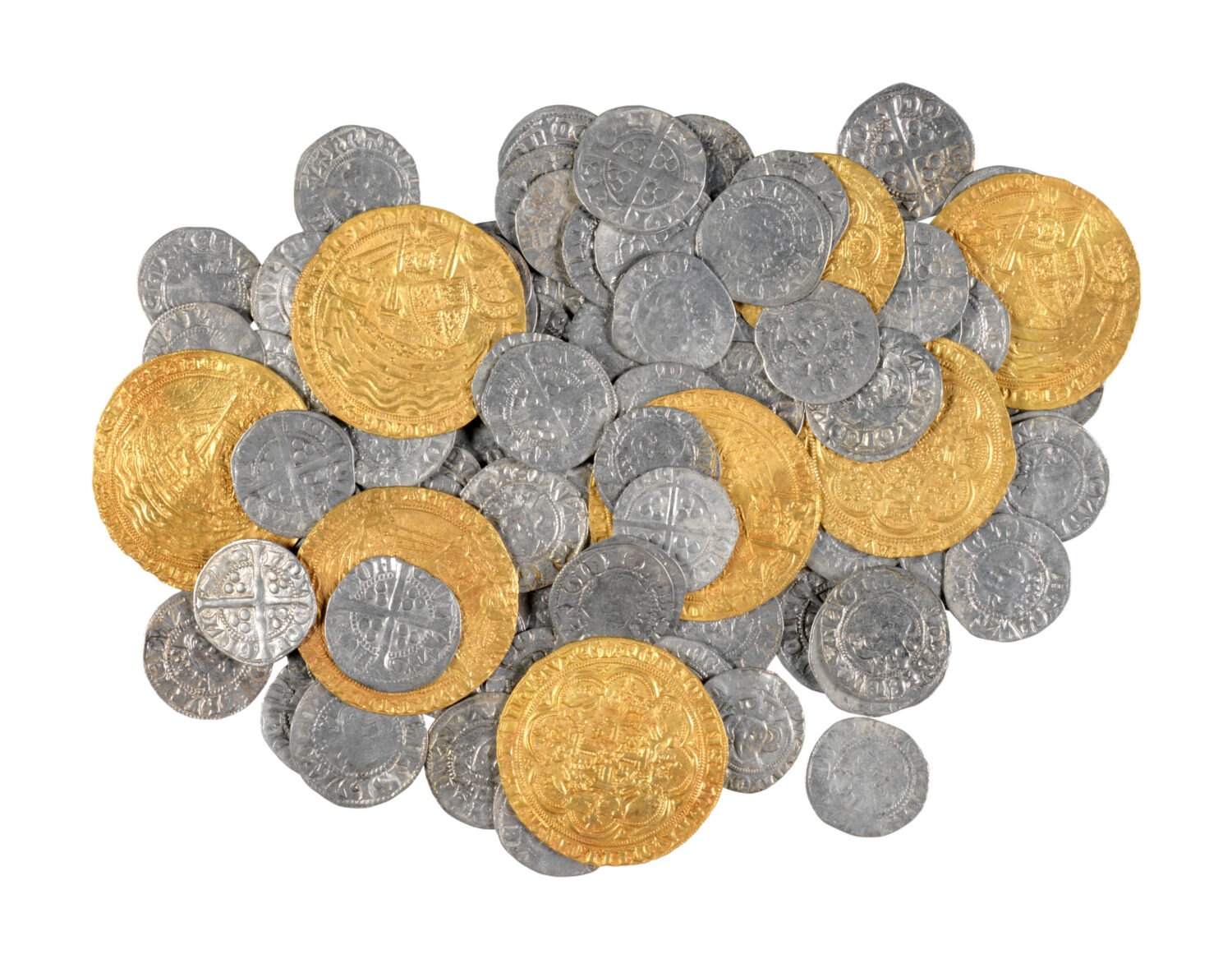 A photograph of the Cambridge hoard: a pile of many silver pennies and nine larger gold coins.