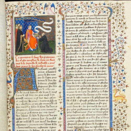 A page of a medieval manuscript with a border decorated with leaves, angels and dragons.