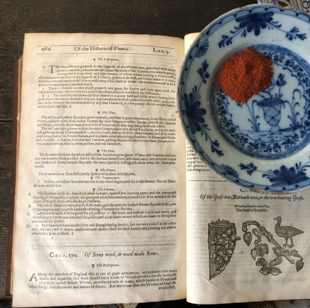 a porcelain bowl with some saunders in it (a red powder) sits on top of a medieval recipe book.