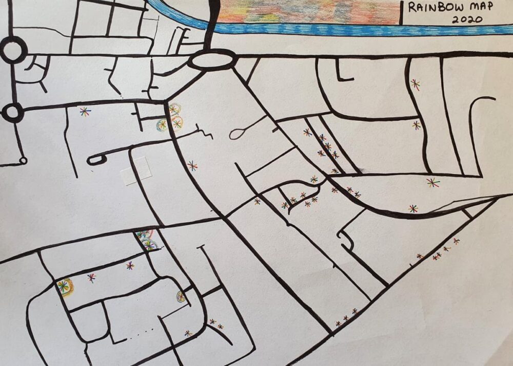 A hand-drawn map of the rainbows people displayed in their windows during the first lockdown of the pandemic in 2020.