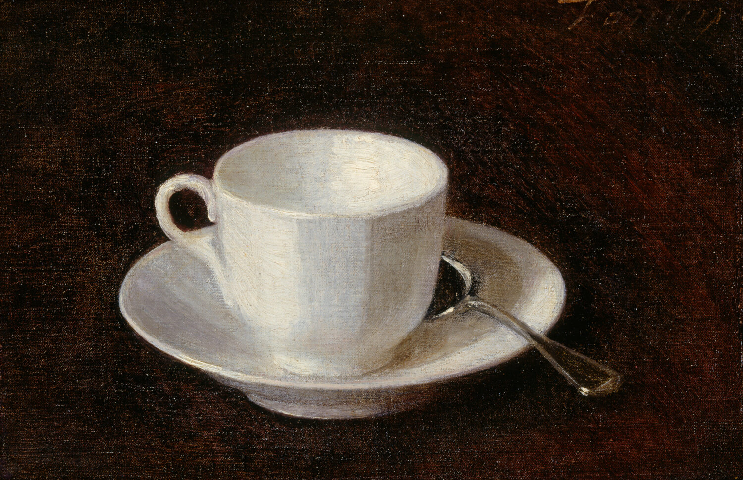 A painting of a white tea cup on a white saucer witha silver spoon. These three things are against a dark brown background.