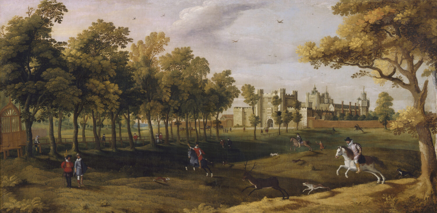 A painting of Nonsuch Palace from the 17th entury, showing grass and rows of trees with people in front of the palace in the distance.