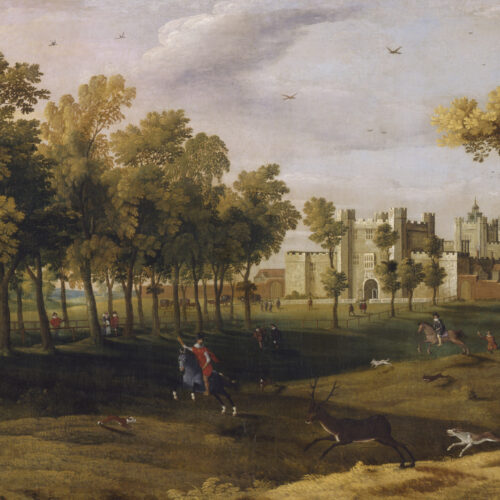 A painting of Nonsuch Palace from the 17th entury, showing grass and rows of trees with people in front of the palace in the distance.