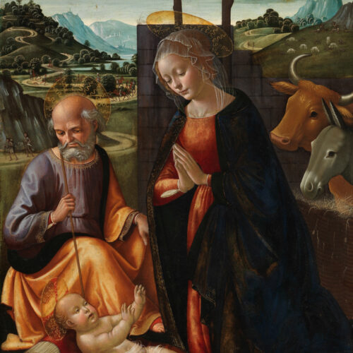A painting of the Virgin Mary and Joseph gathered around the baby Jesus, inside a stable. In the background, the Magi are en route to the stable and the light of an angel shines brightly over some shepherds on a hill.