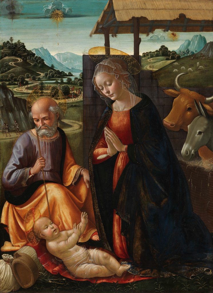 A painting of the Virgin Mary and Joseph gathered around the baby Jesus, inside a stable. In the background, the Magi are en route to the stable and the light of an angel shines brightly over some shepherds on a hill.