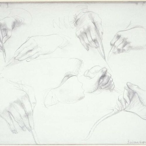 A piece of paper with 5 different pencil sketches of surgeons' hands: cutting, hammering, moving things. the bottom right corner is signed and dated by the artist, Barbara Hepworth.
