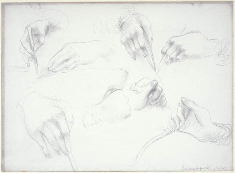 A piece of paper with 5 different pencil sketches of surgeons' hands: cutting, hammering, moving things. the bottom right corner is signed and dated by the artist, Barbara Hepworth.