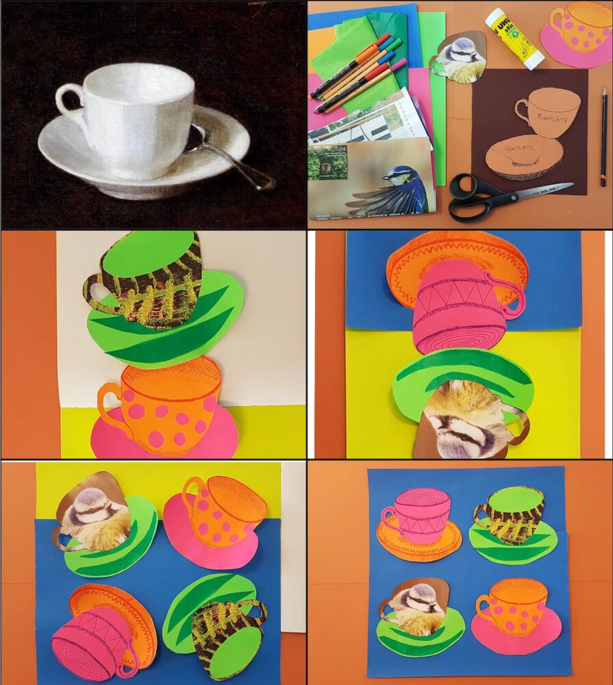 A grid of six images showing the steps to make your own artwork, using collage, of an ordinary item.