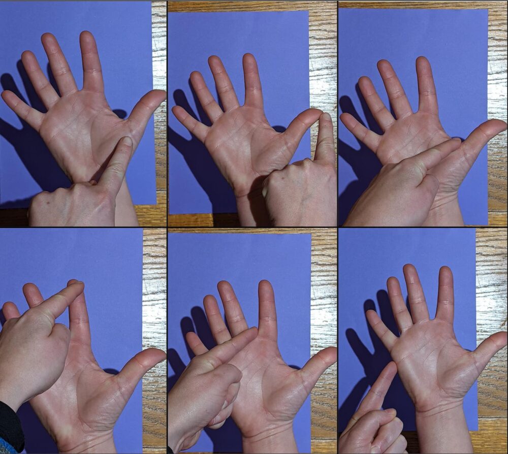 A grid of 6 images of a hand. The person is progressively moving their left finger up and down the fingers of her right hand in each image.