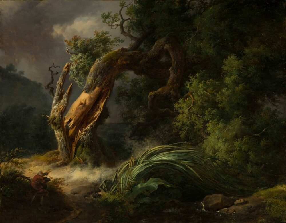 A painting of a tree and some reeds in stormy weather. The tree is broken across its trunk and the reeds are bending over in the wind.