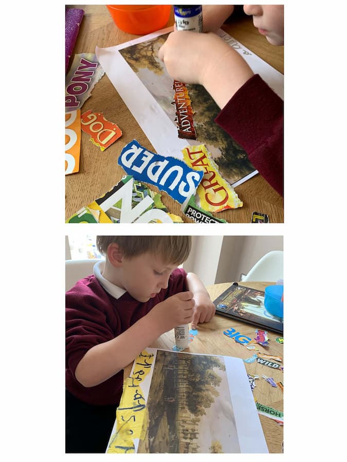 Two photographs of children writing a powem using words torn from magazine. They are shown putting glue on the back of the words to stick it onto a picture of the artwork 'Nonsuch Palace'.