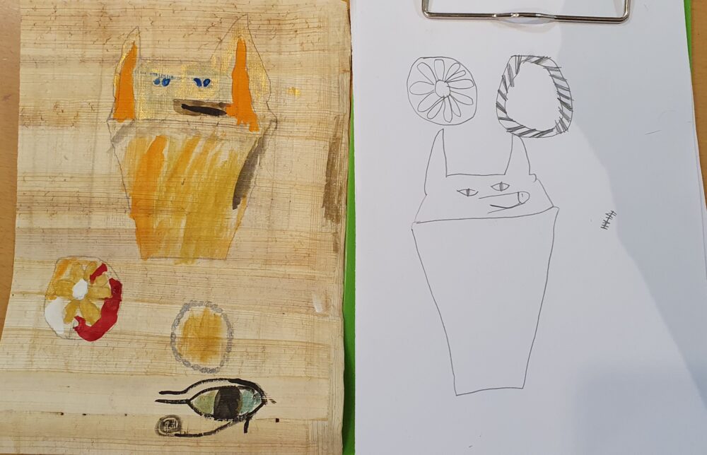 A student's papyrus painting of a Canopic jar, and the drawing she made of the jar.