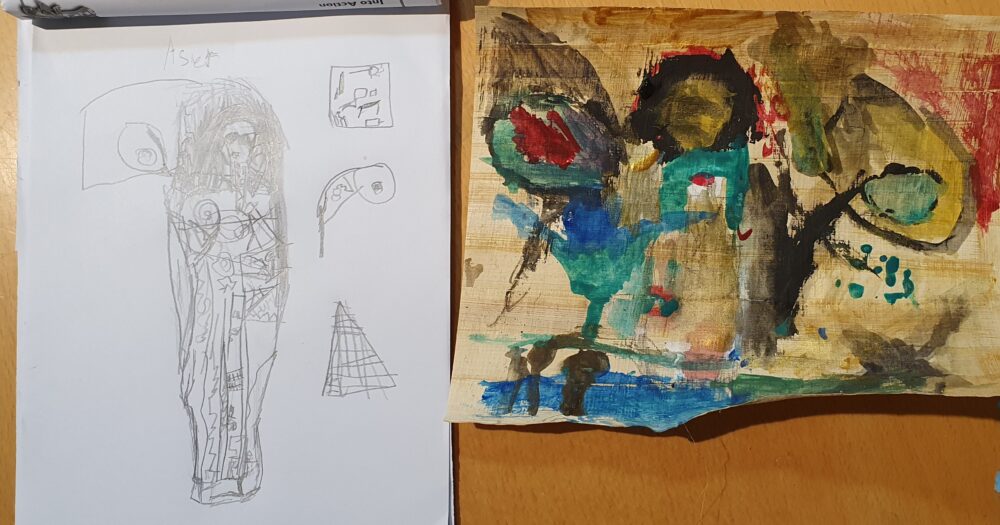 A student's papyrus painting of a sarcophagus, and the drawing they made of the object.