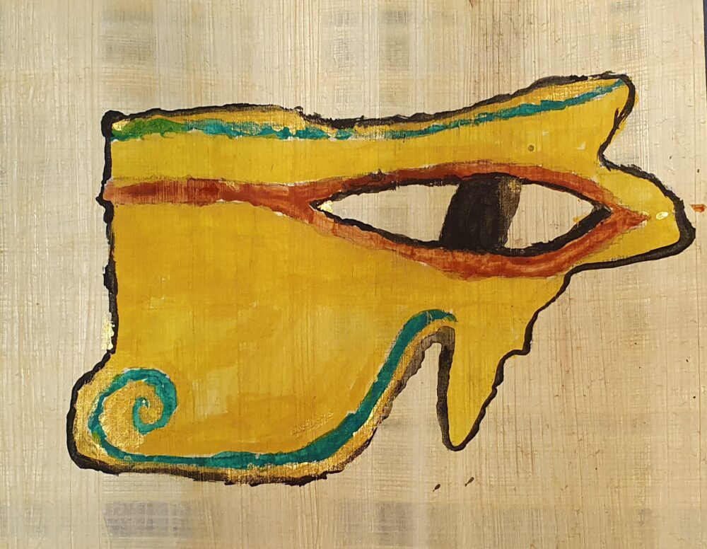 A student's papyrus painting of the eye of Horus