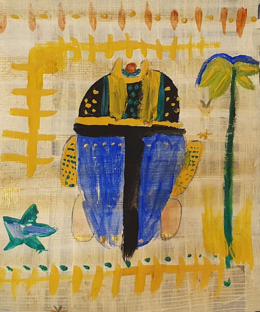 A student's papyrus painting of a Scarab Beetle