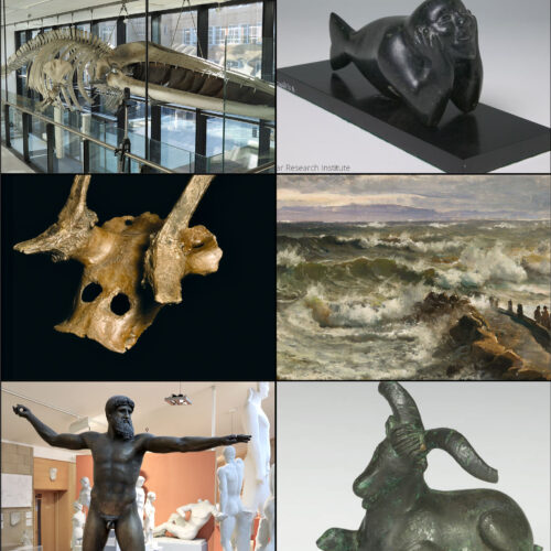 A collage of six images of museum objects or paintings related to water. There is a photograph of the skeleton of a whale, a photo of a set of antlers, a painting of waves crashing on a jetty and three photos of different sculptures: one of a human, one of an animal, and one with the head and arms of a person and the bottom half of a fish, lying on their front.