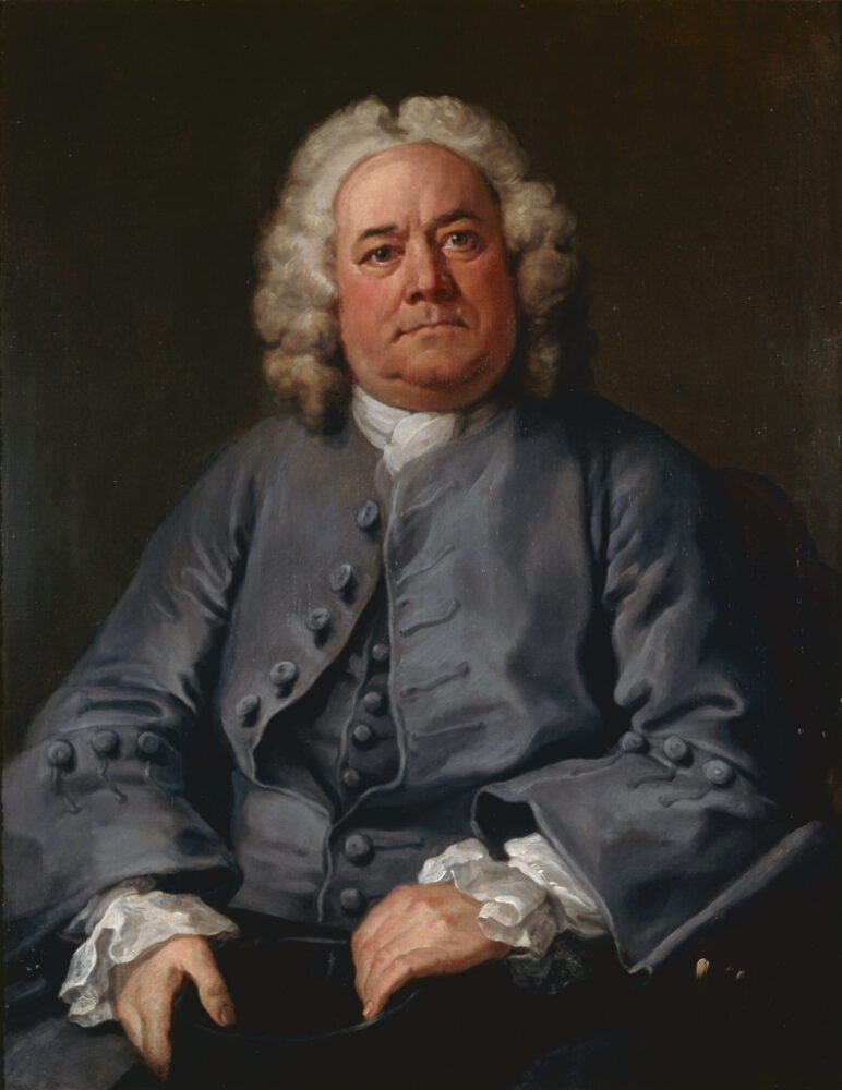 A painting of an older white man with a blue-grey jacket and waistcoat on. He has long wavy white hair possibly a wig.