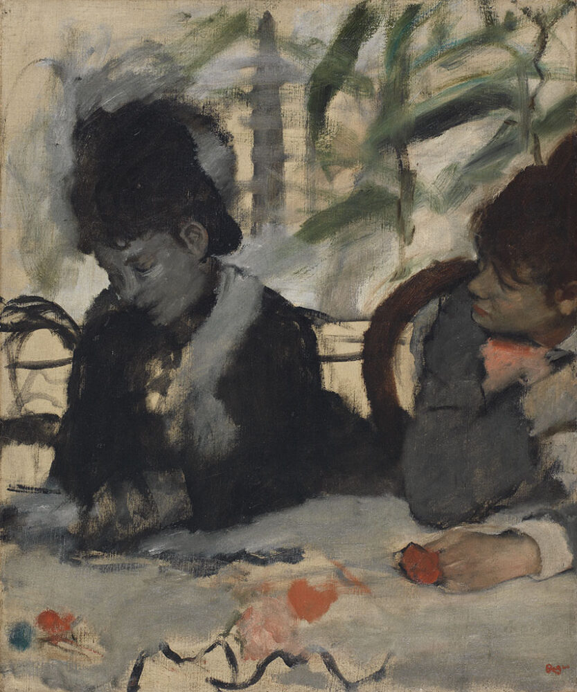 An unfinished painting of two women, in blue and grey, sitting at a table. One looks at her hands, the other looks at the woman looking down. They are sitting on chairs, and there are pink marks on the table, which look a little like flowers.