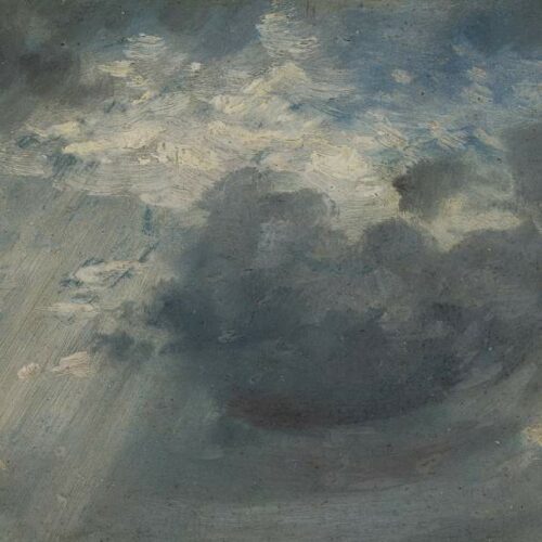 A painting of a cloud with the light shining through. the painting is in greys, with a little blue and light yellow/cream.