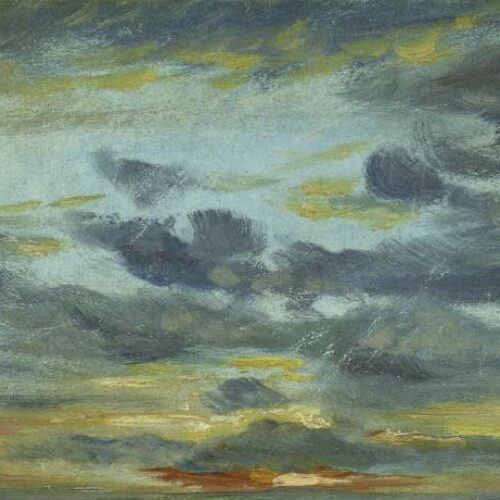 A painting of lots of little clouds. The clouds are a dark grey and the sky is a grey-blue in the middle and yellow-orange at the bottom, like a sunset.